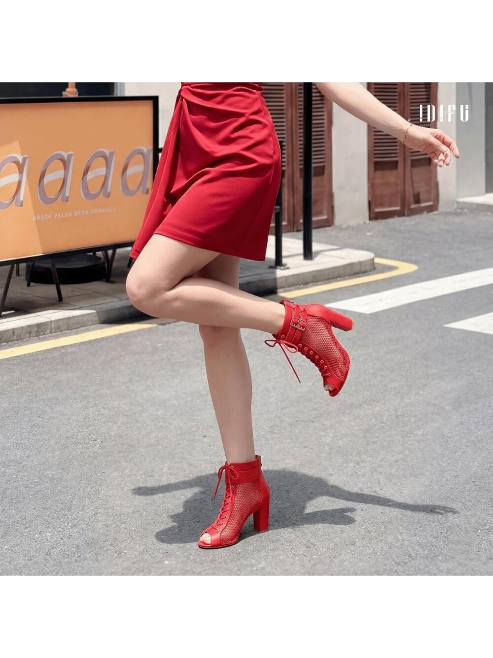Women's Red Pu Mesh High Heels Block Chunky Heels Open Toe Lace Up Booties - Picture 4 of 6